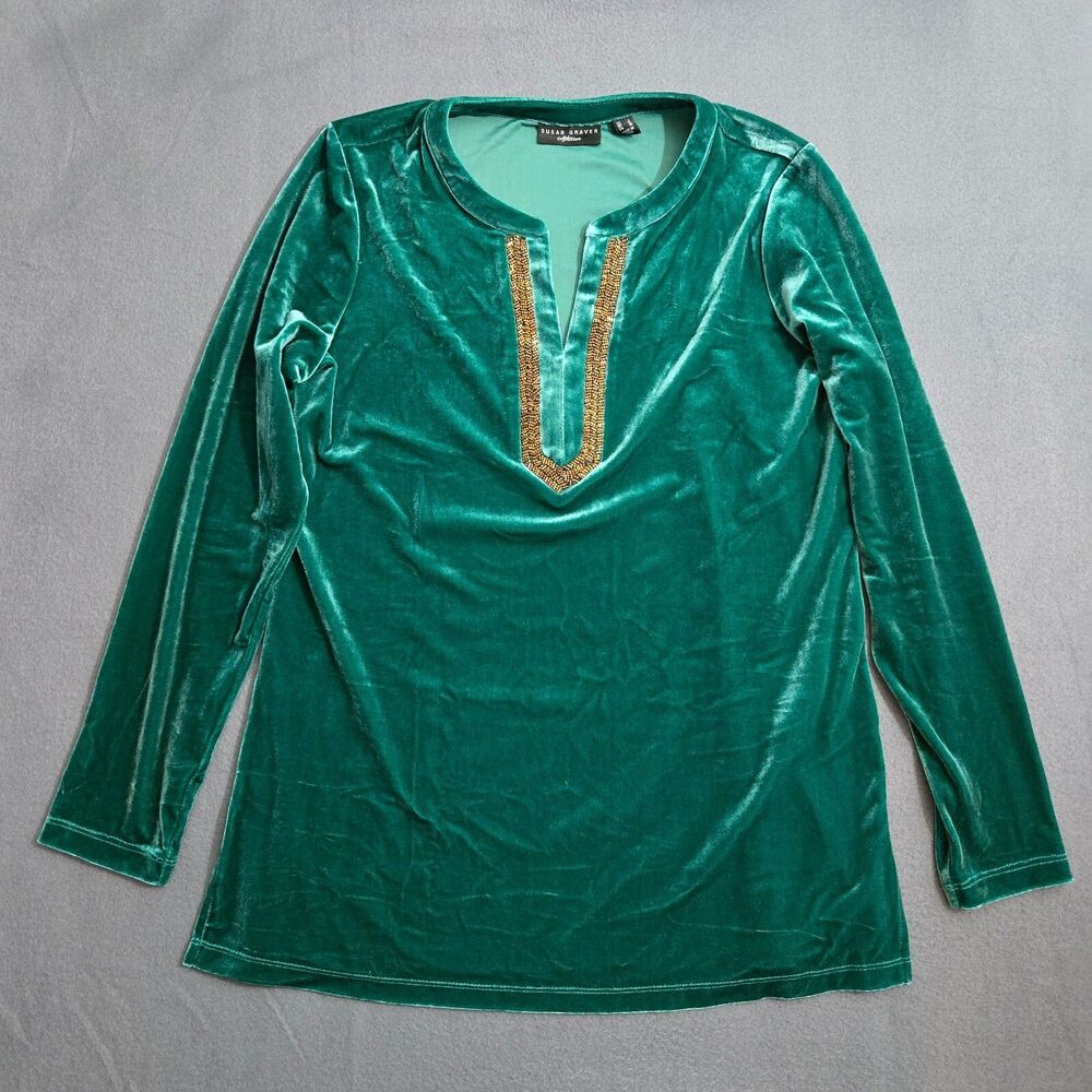 Susan Graver Artisan Women S Green Velvet Embroidered Knit Split Neck Tunic Boho
